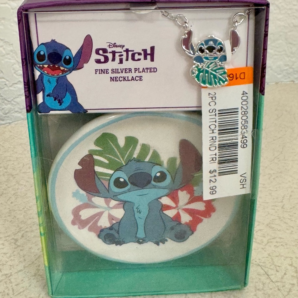 Disney Stitch With Palm Leaf Fine Silver Plated Necklace & 2.5 Inch Trinket Dish